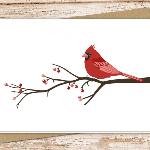 cardinal card set . bird tree branch . berries . folded stationery . blank cards . winter nature outdoors