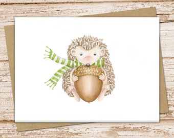 hedgehog card set . watercolor groundhog cards . greeting cards . fall winter acorn . folded stationery stationary . blank cards . thank you