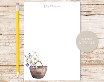 Personalized Notepad: Meadow Flowers Basket, Watercolor Stationery Gift