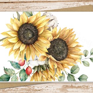 sunflowers cotton  card set . watercolor . dogrose fruit cards . autumn fall . blank note cards, notecards . folded stationery stationary