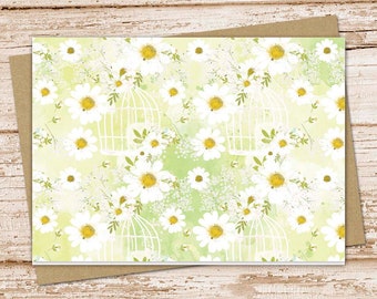 daisy card set . green watercolor daisies . birdhouse . chamomile daisy . note cards .  blank cards . folded stationery . stationary