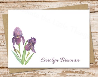iris personalized note cards . purple iris notecards folded personalized stationery stationary watercolor floral flowers cards . set of 10