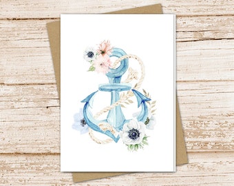 floral anchor card set .  watercolor anchor flowers note cards . nautical, sailing . blank note cards . folded stationery . stationary set