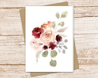 Watercolor Floral Note Card Set: Burgundy & Pink Bouquet