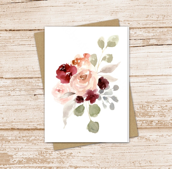 bohemian flowers card set . watercolor bouquet note cards . burgundy pink floral blank notecards . folded stationery . thank you stationary Il_570xn
