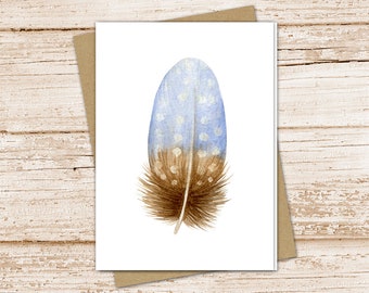 feather card set .  watercolor boho feather . autumn fall . note cards . blue brown . blank cards notecards . folded stationery, stationary