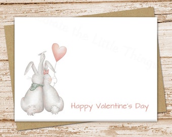 happy valentine's day cards . folded greeting cards . bunny love, heart balloon cards . watercolor bunnies stationery . set of 6