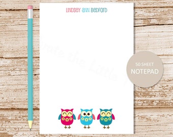 personalized notepad . OWL TRIO notepad . owls note pad . personalized stationery . bird stationary