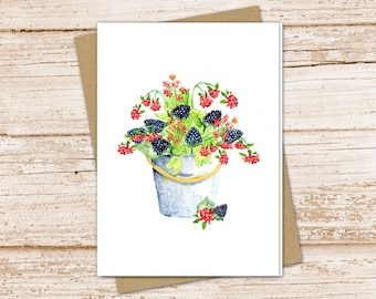 berries card set .  watercolor berry bucket . note cards . raspberries blackberries fruit . blank cards .  folded stationery stationary set