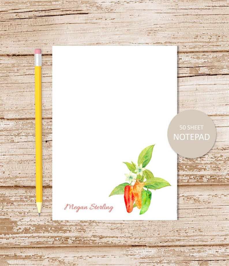 personalized notepad . CHILI PEPPER . note pad . watercolor peppers . pepper notepad . gardener stationery . stationary gift image 1