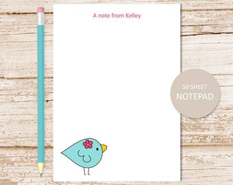 Personalized Notepad: Blue Bird, Pink Flower Stationery (50 Sheet)