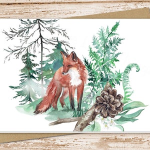 May include: Watercolor painting of a red fox standing in a forest setting. The fox is surrounded by green ferns, pine cones, and trees. The painting has a whimsical and nature-inspired feel.