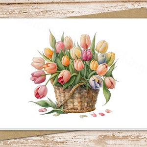 watercolor tulips basket card set . farmhouse flowers. spring floral . blank cards . note cards, notecards . folded stationery