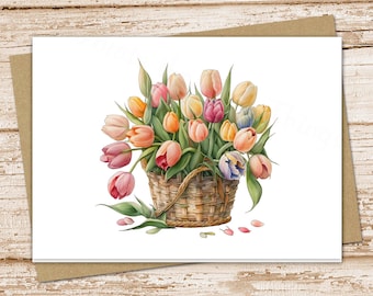 watercolor tulips basket card set . farmhouse flowers. spring floral . blank cards . note cards, notecards . folded stationery