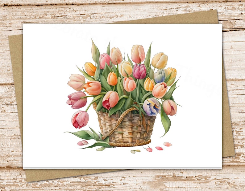 watercolor tulips basket card set . farmhouse flowers. spring floral . blank cards . note cards, notecards . folded stationery Bild 1