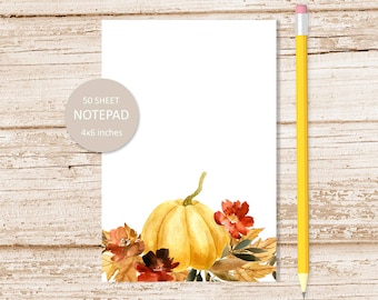 pumpkins autumn leaves flowers notepad . watercolor pumpkin note pad . autumn fall stationery . stationary | 4x6 inches