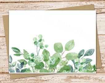 Watercolor Greenery Note Card Set: Blank Folded Stationery