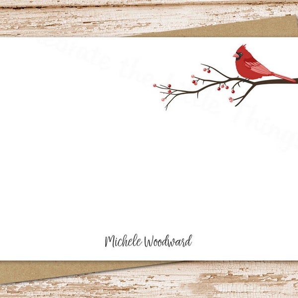 personalized note card set, notecards . red cardinal bird,  tree branch, berries, nature  . stationery FLAT stationary . set of 12