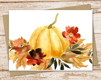 Watercolor Pumpkin Card Set: Autumn Leaves Note Cards, Notecards, Stationery