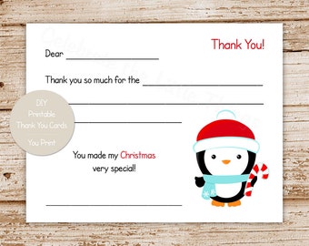 PRINTABLE christmas thank you cards for kids . penguin thank you . fill in the blank thank you . candy cane . Instant Download