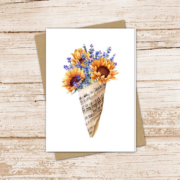 sunflowers lavender card set .  watercolor flower bouquet note cards . vintage music . blank note cards . folded stationery . stationary set