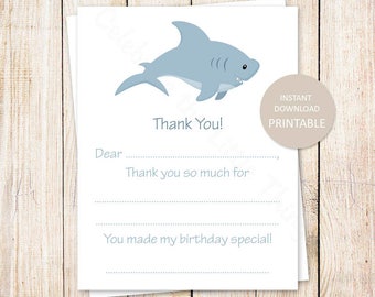 PRINTABLE shark thank you cards . kids birthday fill in the blank thank you. sea creatures, under the sea, fish . Instant Download YOU PRINT