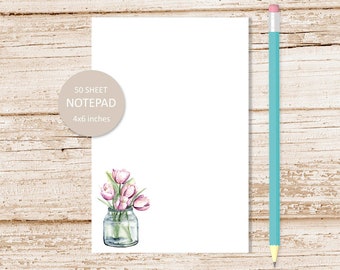 country tulip vase notepad . watercolor lavender tulips note pad .  farmhouse flowers stationery stationary | 4x6 inches