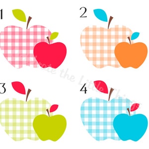 May include: Four gingham apple designs with numbers 1 through 4. Each apple has a smaller apple inside. The apples are pink, orange, green, and blue.