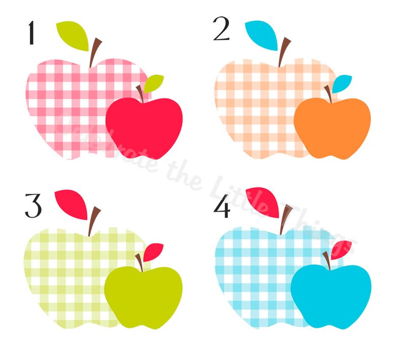 May include: Four gingham apple designs with numbers 1 through 4. Each apple has a smaller apple inside. The apples are pink, orange, green, and blue.