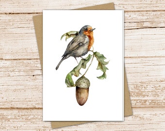 robin and acorn card set .  watercolor autumn fall note cards . bird nature . blank cards stationery