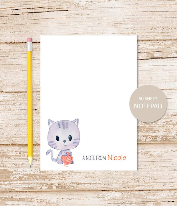personalized notepad . CAT . note pad . watercolor kitty cat . personalized stationery . kids, childrens stationary . yarn ball, kitten Il_570xn