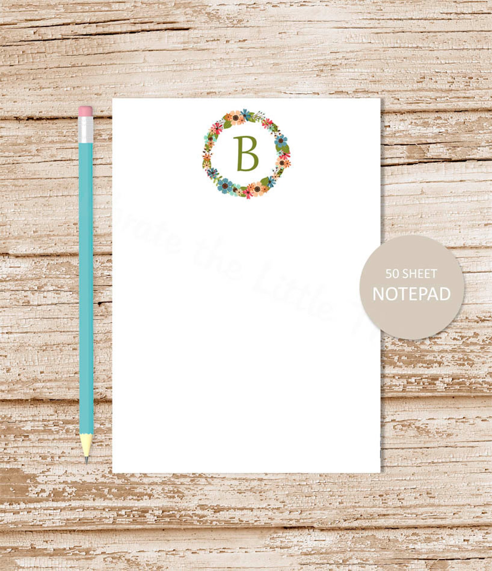 Personalized Notepad . FLORAL WREATH INITIAL . Note Pad . Womens ...