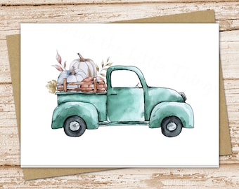 pumpkin truck card set . watercolor old time pickup truck . autumn fall pumpkins . blank cards . note cards, notecard . folded stationery