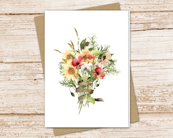 floral bouquet card set .  country farmhouse . watercolor flowers . poppy sunflower daisy . note cards . blank cards . folded stationery