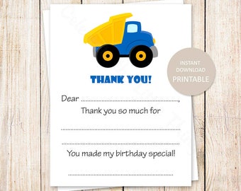 PRINTABLE dump truck thank you cards . birthday fill in the blank thank you . dumptruck construction vehicle . INSTANT DOWNLOAD