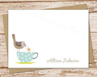 personalized tea cup notecards . note card . tea cup birds . personalized stationery stationary . folded card . teacup tea party . set of 10