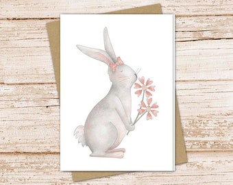bunny card set . watercolor girl bunny note cards .  spring, Easter, flowers, rabbit . blank cards notecards . folded stationery