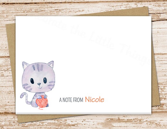 personalized cat note cards . kitty cat stationery . stationary . folded cards . watercolor notecard . pet . kids children . set of 10 Il_570xn