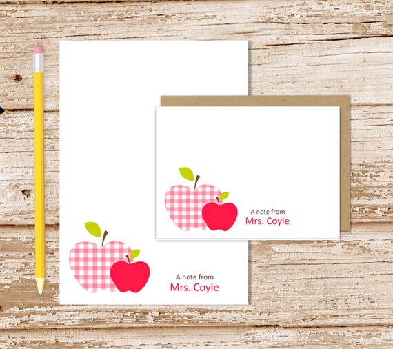 personalized APPLE stationery set . teacher notepad + note card set notecards note pad stationary set . gingham apple . teachers gift set Il_570xn