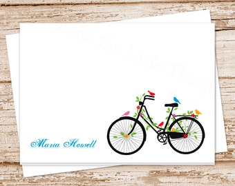 personalized bicycle note cards notecards . vintage bicycle stationery . womens stationary . bike birds cards . set of 10