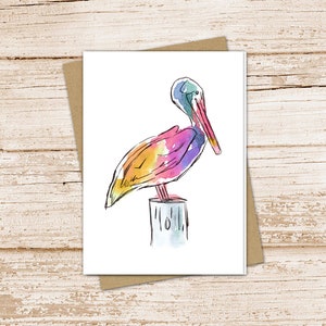 colorful pelican card set .  watercolor pelican note cards . birds . bird ocean beach, nature . blank cards . folded stationery stationary