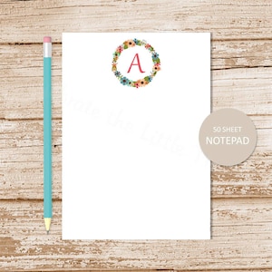 Personalized Notepad . FLORAL WREATH INITIAL . Note Pad . Womens ...