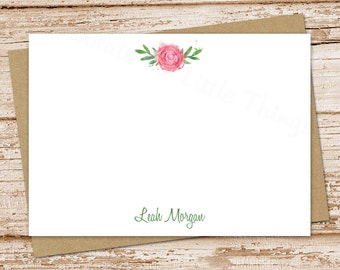 personalized rose note card set . watercolor rose notecards . womens personalized FLAT stationery . stationary flowers . set of 12