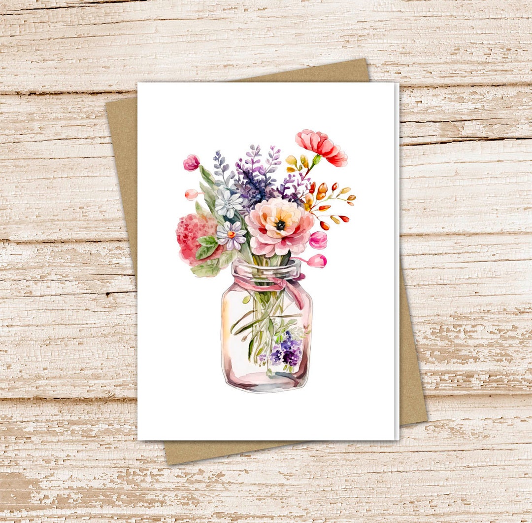 Watercolor Floral Note Card Set: Pink Purple Mason Jar Stationery - Etsy