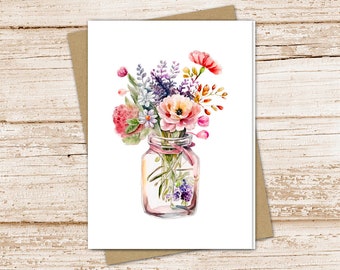 Watercolor Floral Note Card Set: Pink Purple Mason Jar Stationery