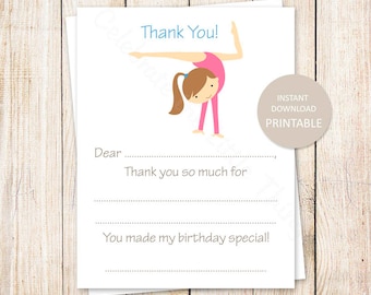 PRINTABLE gymnastics thank you cards . fill in the blank birthday thank you . girl gymnast tumbling. brunette . INSTANT DOWNLOAD