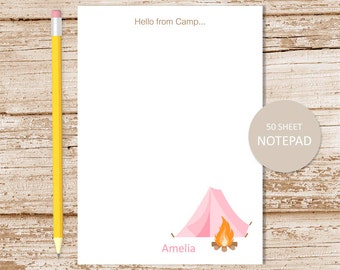 personalized notepad . PINK CAMPING TENT . camp note pad . stationery . pink camping tent . hello from camp . girls summer camp