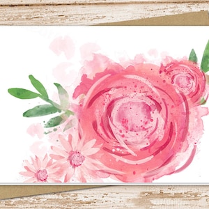Watercolor Pink Rose Note Card Set: Floral Stationery