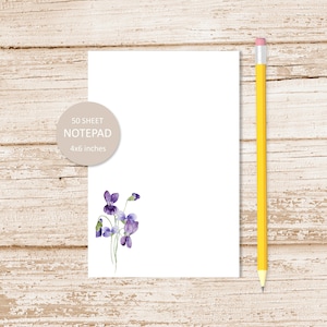 violet notepad . watercolor violet flower note pad .  february birth month, stationery stationary | 4x6 inches