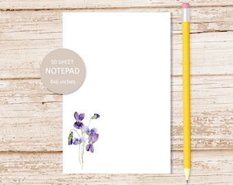 violet notepad . watercolor violet flower note pad .  february birth month, stationery stationary | 4x6 inches